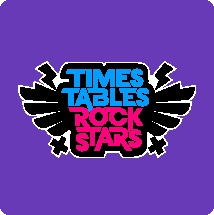 Times Tables Rock Stars logo on purple background with black winged emblem and pink accent lettering