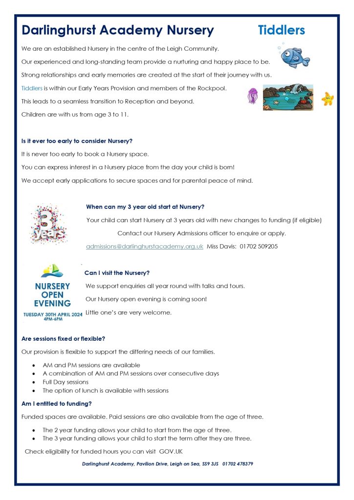 Tiny Tiddlers nursery booking poster at Darlinghurst Academy