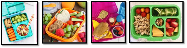 Lunchtime 4 four colourful divided lunch boxes filled