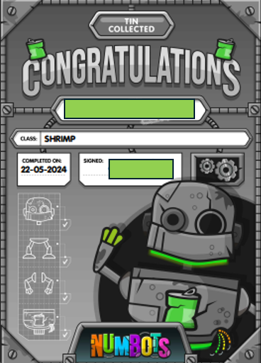 numbots tin collected congratulations certificate awarded