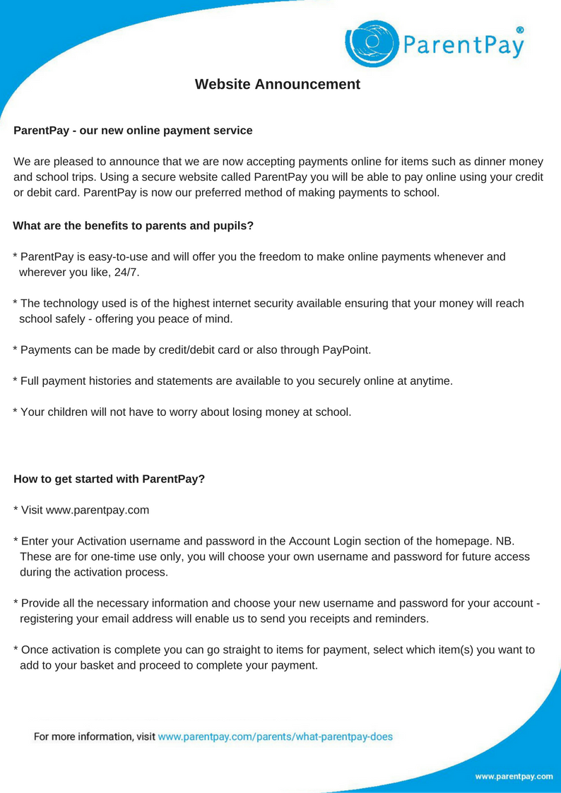 parentpay website announcement letter for darlinghurst