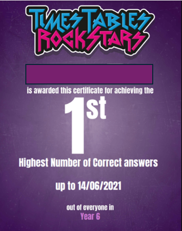 times tables rock stars 1st place 2