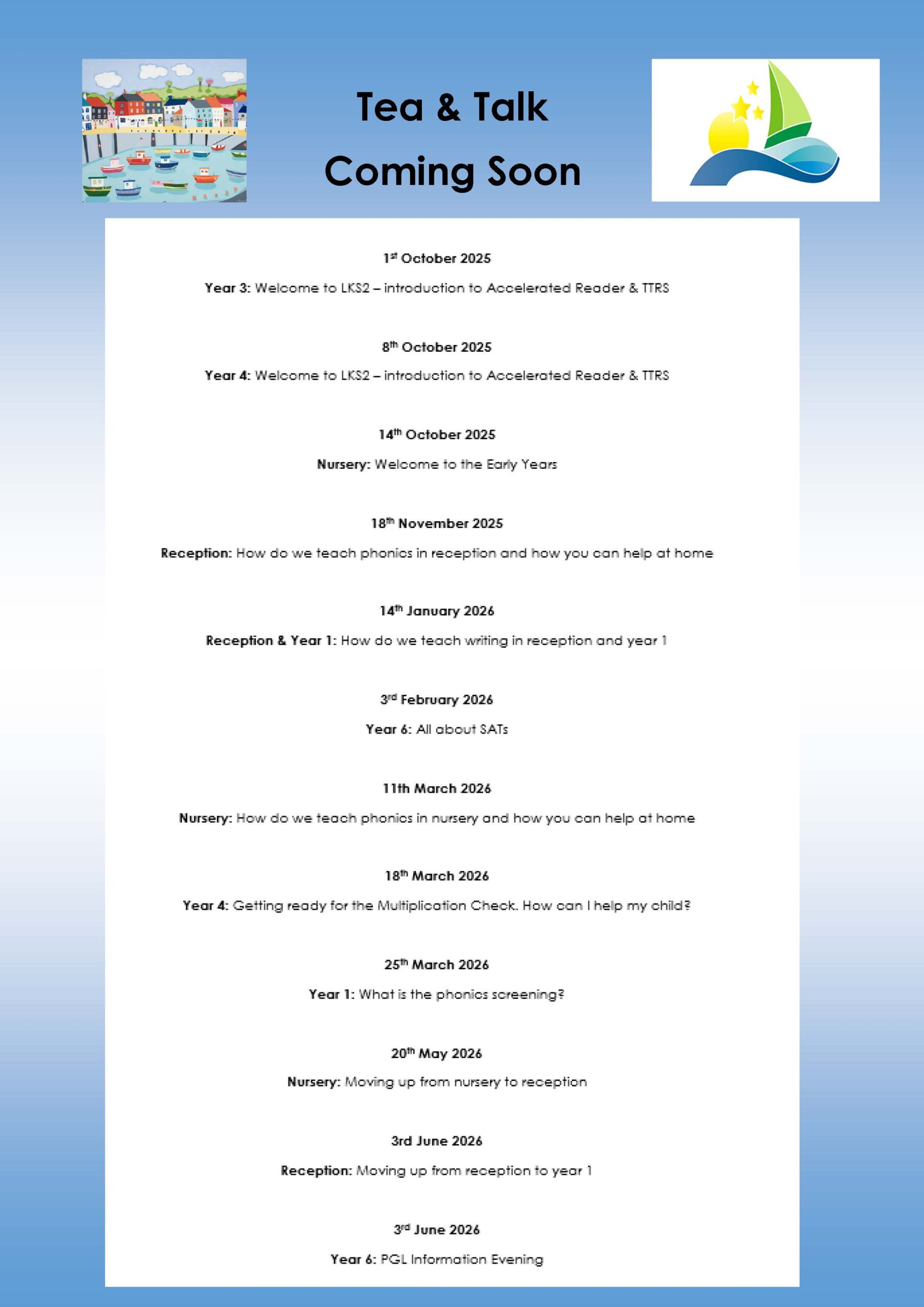 Darlinghurst Academy Tea and Talk session schedule for 2025-2026, listing parent and staff curriculum events by year group
