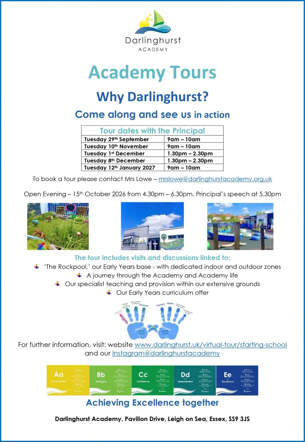 Darlinghurst Academy Tours 2026-2027 promotional flyer with tour dates, school photos and curriculum details